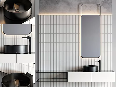 Modern Bathroom Washbasin Vanity With Black Basin Rectangular Mirror And Striped Tile Wall 3d model