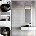 Modern Bathroom Washbasin Vanity With Black Basin Rectangular Mirror And Striped Tile Wall