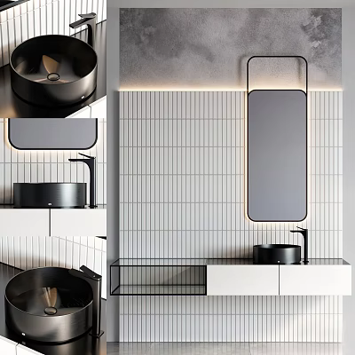 Modern Bathroom Washbasin Vanity With Black Basin Rectangular Mirror And Striped Tile Wall 3d model