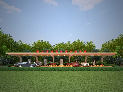 Charging Station with Canopy Green Trees and Cars Charging in Grass Area 3d model