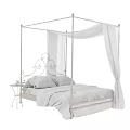 Elegant White Four Poster Double Bed With Iron Scroll Design Canopy Curtains And Side Table