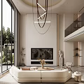 Modern Duplex Living Room Interior With Beige Sofa Sculpture And Floor to Ceiling Windows