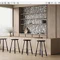 Stylish Bar Counter With Black Stools Black White Patterned Backsplash Wooden Cabinets Decorative Shelves