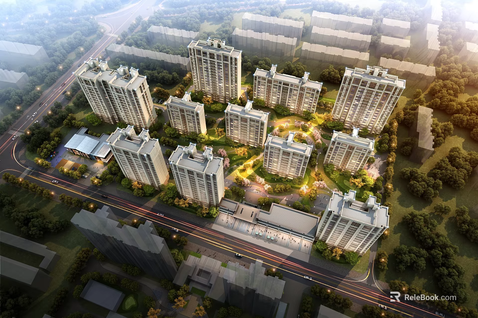 Aerial Planning of Modern Residential Community With High Rise Buildings Green Spaces and Roads 3d model 