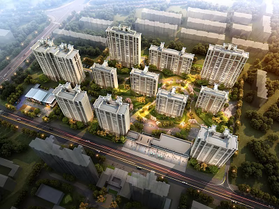 Aerial Planning of Modern Residential Community With High Rise Buildings Green Spaces and Roads 3d model