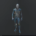 Futuristic Humanoid Character in Blue and Gold Tight Suit with Intricate Patterns and Metallic Accents