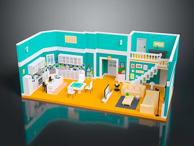 Cartoon Style Room Interior With Kitchen Living Area Stairs And Colorful Furniture 3d model
