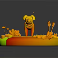Cute Puppy Figure On Green Grass Base With White Stones Red Butterflies And Purple Flowers