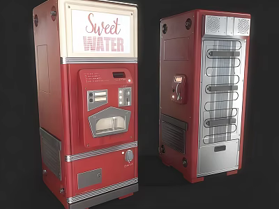 Red Commercial Vending Machines With Sweet Water Signage And Display Shelves For Beverage Dispensing 3d model