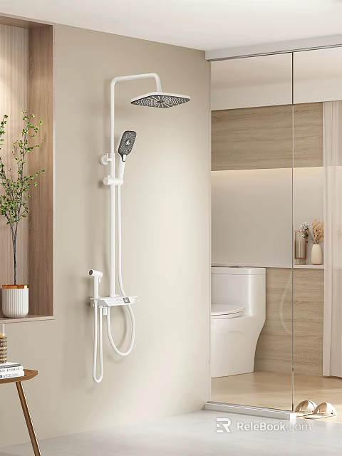 Modern Bathroom Shower Head With Minimalist Design Wooden Accents Glass Partition Green Plant And Toilet 3d model 