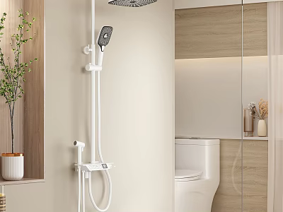 Modern Bathroom Shower Head With Minimalist Design Wooden Accents Glass Partition Green Plant And Toilet 3d model