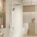 Modern Bathroom Shower Head With Minimalist Design Wooden Accents Glass Partition Green Plant And Toilet