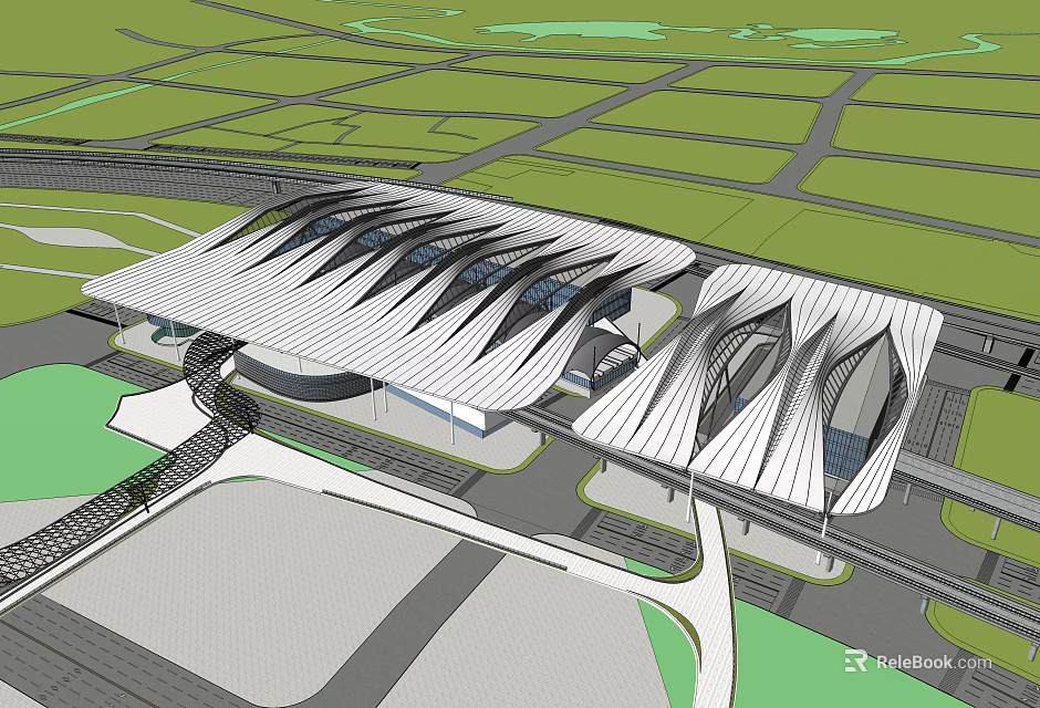 Modern Large Building With Unique Streamlined White Roof Design And Green Lawns 3d model 