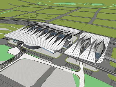 Modern Large Building With Unique Streamlined White Roof Design And Green Lawns 3d model