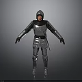 A Man Standing in Full Silver Armor with Gray Background and Shiny Floor