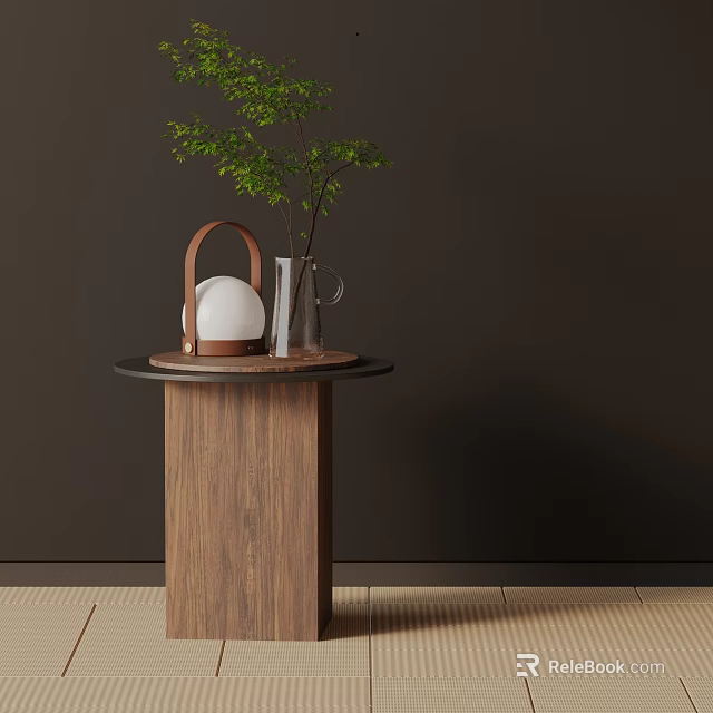 Wooden Side Table With Round Top Glass Vase Green Plant And Light Wooden Floor 3d model 