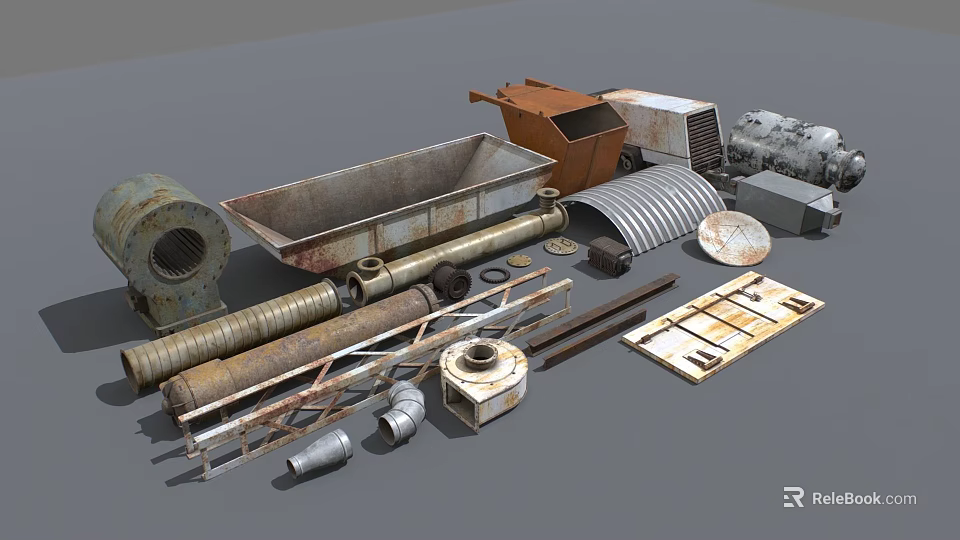 Diverse Industrial Equipment Parts Including Metal Pipes Funnel Motor And Mechanical Components 3d model 