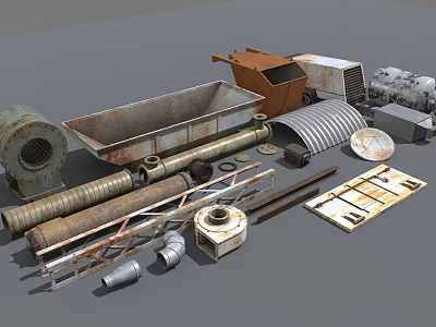 Diverse Industrial Equipment Parts Including Metal Pipes Funnel Motor And Mechanical Components 3d model