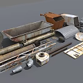 Diverse Industrial Equipment Parts Including Metal Pipes Funnel Motor And Mechanical Components