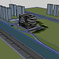 Modern Office Building With Curved Glass Facade Greenery Waterfront And Sidewalk People Walking