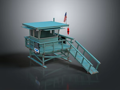 Blue Lifeguard Tower Structure With American Flag Wooden Staircase And Sign 3d model