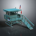 Blue Lifeguard Tower Structure With American Flag Wooden Staircase And Sign