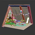 Cozy Tent Shaped Indoor Space Interior With Wooden Frame Bed Rug Table And Decorative Lights