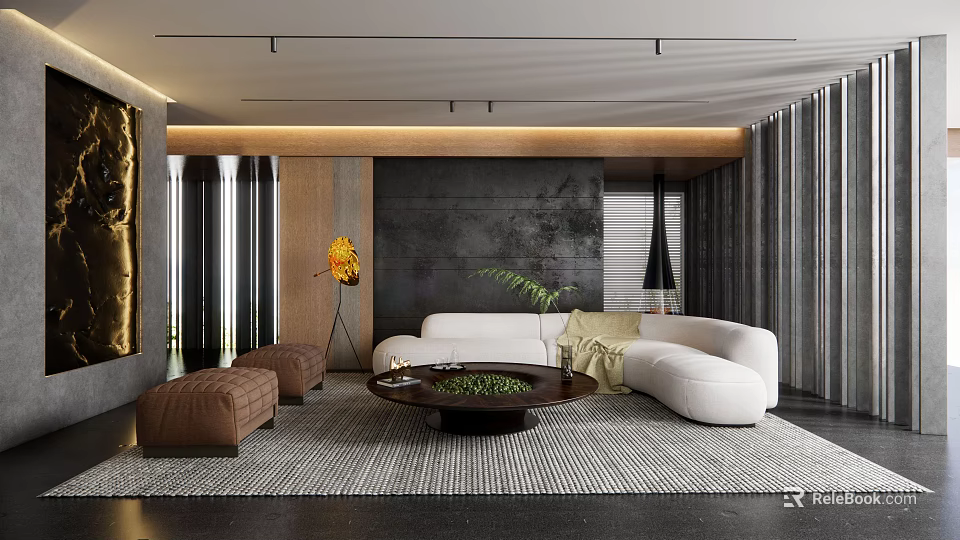 Modern Living Room Interior With Curved White Sofa Round Coffee Table And Decorative Plants 3d model 