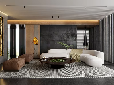 Modern Living Room Interior With Curved White Sofa Round Coffee Table And Decorative Plants 3d model