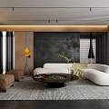 Modern Living Room Interior With Curved White Sofa Round Coffee Table And Decorative Plants
