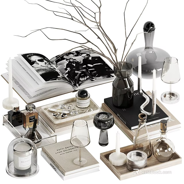 Stylish Decorative Ornament Set with Open Book Twigs Vase Candles Wine Glasses and Trays 3d model 