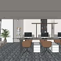 Modern Public Office Space with Spacious Layout Natural Light Sofa Green Plant Desks and Brown Chairs
