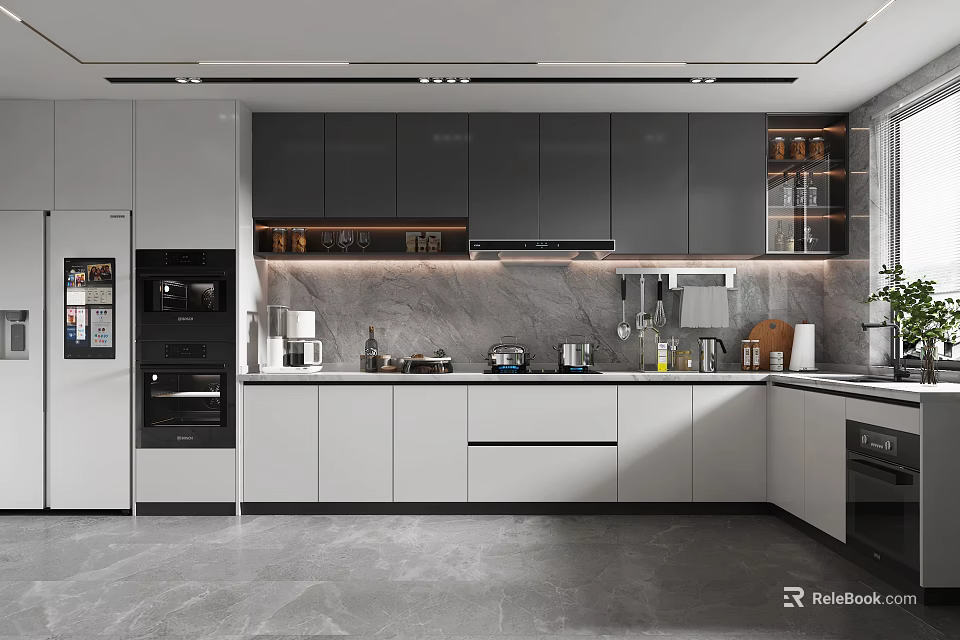Modern Kitchen Interior Design With Gray Cabinets Marble Countertops And Appliances 3d model 