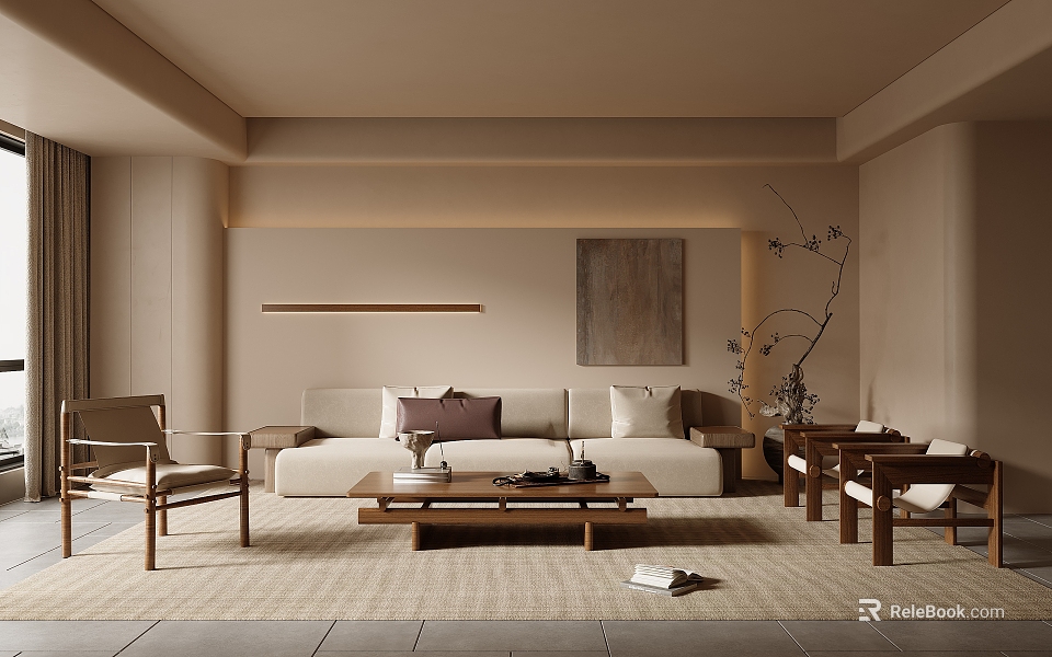 Modern Living Room Interior With Beige Sofa Wooden Coffee Table Decorative Painting And Accent Chair 3d model 