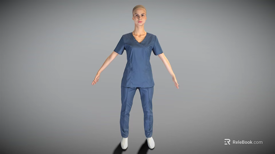 Woman In Blue Scrub Suit Standing With Arms Slightly Extended 3d model 