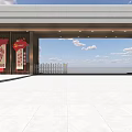 Modern Entrance Gate Design With White Building Red Decorations And Glass Windows