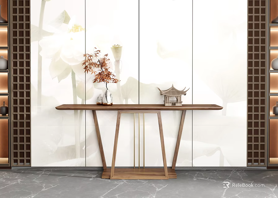Modern Chinese Console Table With Flower Vase Golden Metal Legs And Lotus Wall 3d model 