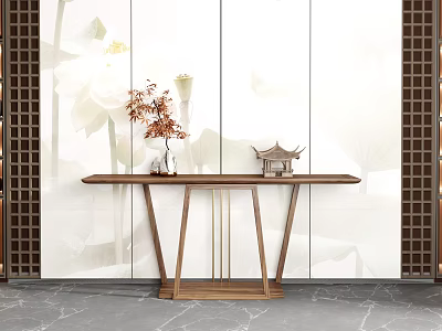 Modern Chinese Console Table With Flower Vase Golden Metal Legs And Lotus Wall 3d model
