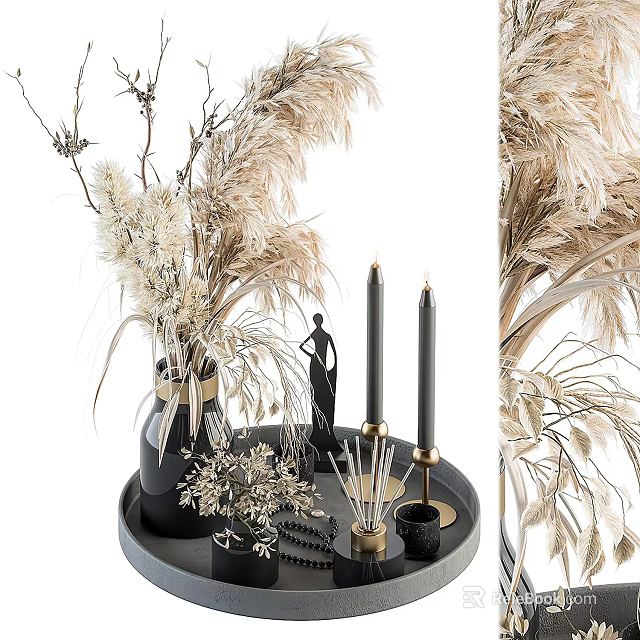 Modern Decorative Ornament Set With Dried Pampas Grass Candles And Figurine On Tray 3d model 