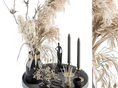 Modern Decorative Ornament Set With Dried Pampas Grass Candles And Figurine On Tray 3d model