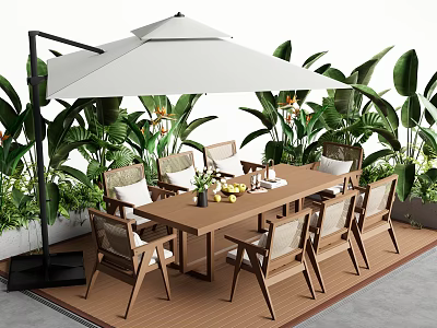 Outdoor Dining Wooden Table and Chairs Set with Umbrella Cushioned Seats and Green Plants 3d model