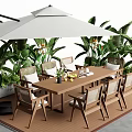 Outdoor Dining Wooden Table and Chairs Set with Umbrella Cushioned Seats and Green Plants