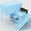 Blue Container Building Converted Into Modern Bar With Stairs Counter And Stools 3d model