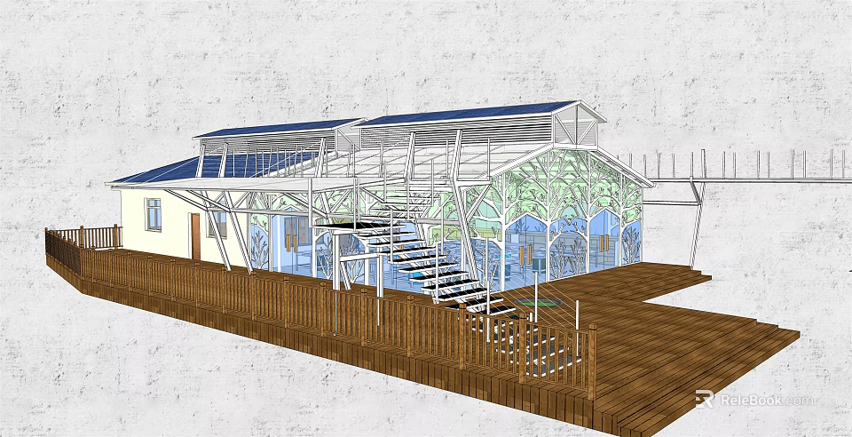 Modern Glass Building Design With Wooden Deck Staircase Blue Roof And Fence 3d model 