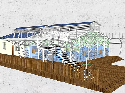 Modern Glass Building Design With Wooden Deck Staircase Blue Roof And Fence 3d model