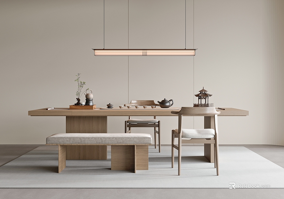 Minimalist Wooden Tea Table And Chairs Interior With Hanging Light And Tea Set 3d model 