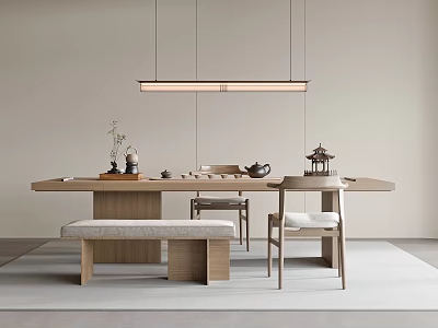 Minimalist Wooden Tea Table And Chairs Interior With Hanging Light And Tea Set 3d model