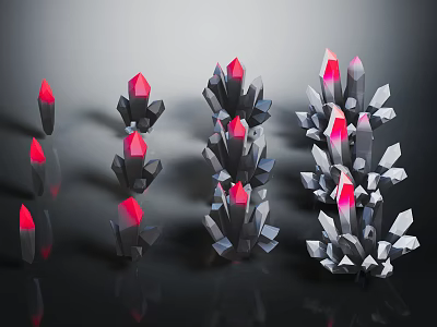 3D Crystal Structures With Red Tips Black White Various Shapes Sizes Arranged On Dark Background 3d model