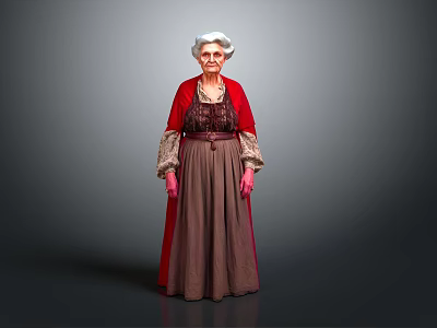 Elderly Woman in Red Cloak and Brown Dress with Lace Cuffs Standing Against Gray Background 3d model