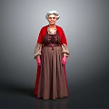 Elderly Woman in Red Cloak and Brown Dress with Lace Cuffs Standing Against Gray Background